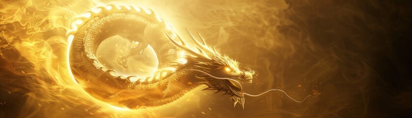 A golden dragon is flying through a fiery sky