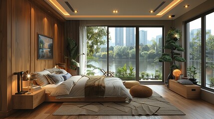 Minimalist bedroom monochrome palette wooden accents large windows simple decor Modern 3D Rendering