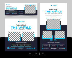 Travel social media and adventure tour holiday tourism marketing promotion advertising cover and story post banner design template set.