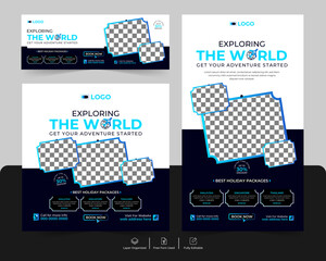 Travel social media and adventure tour holiday tourism marketing promotion advertising cover and story post banner design template set.