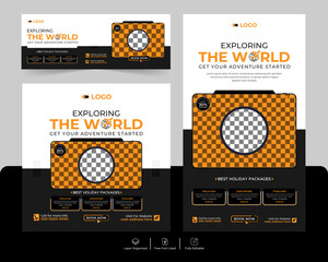 Travel social media and adventure tour holiday tourism marketing promotion advertising cover and story post banner design template set.