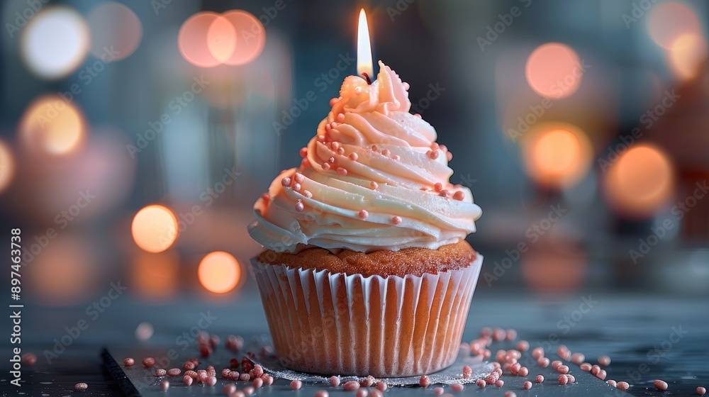 Poster Cupcake with a candle burning on defocused background and space for text on the side. Generative AI.