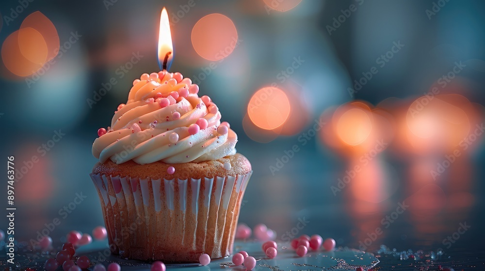 Poster Cupcake with a candle burning on defocused background and space for text on the side. Generative AI.