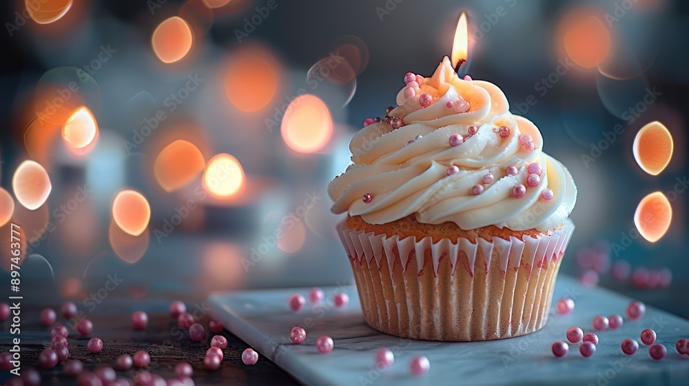 Poster Cupcake with a candle burning on defocused background and space for text on the side. Generative AI.