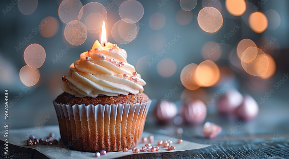 Poster Cupcake with a candle burning on defocused background and space for text on the side. Generative AI.