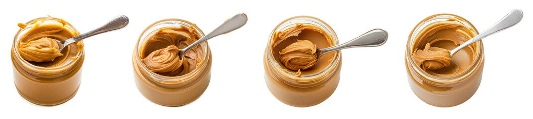 collection of peanut butter jars top view with with spoon isolated on transparent or white background