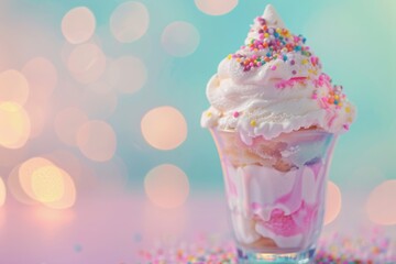 Melting ice cream sundae, nostalgic summer treat, with copy space