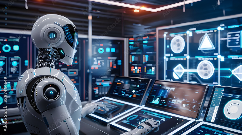 Leinwandbilder Advanced AI robot managing multiple control screens in a high-tech control room, showcasing futuristic technology and artificial intelligence.