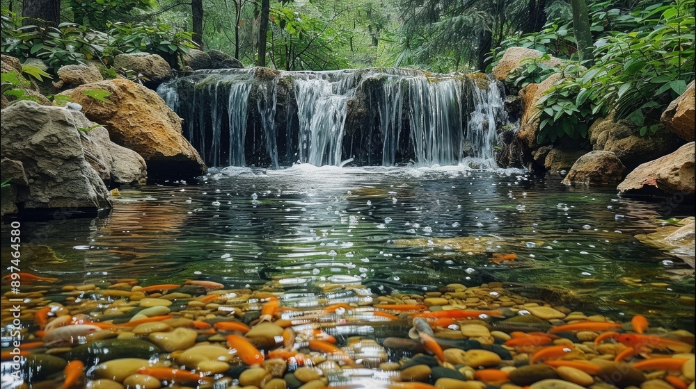 Poster forest, small waterfall, clear stream with visible fish swimming. generative ai.