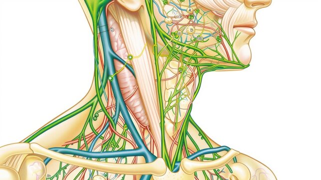 A detailed illustration of the lymphatic drainage system, showing the connections between the lymph vessels and nodes, with labels and color-coding to illustrate their role in fluid balance and