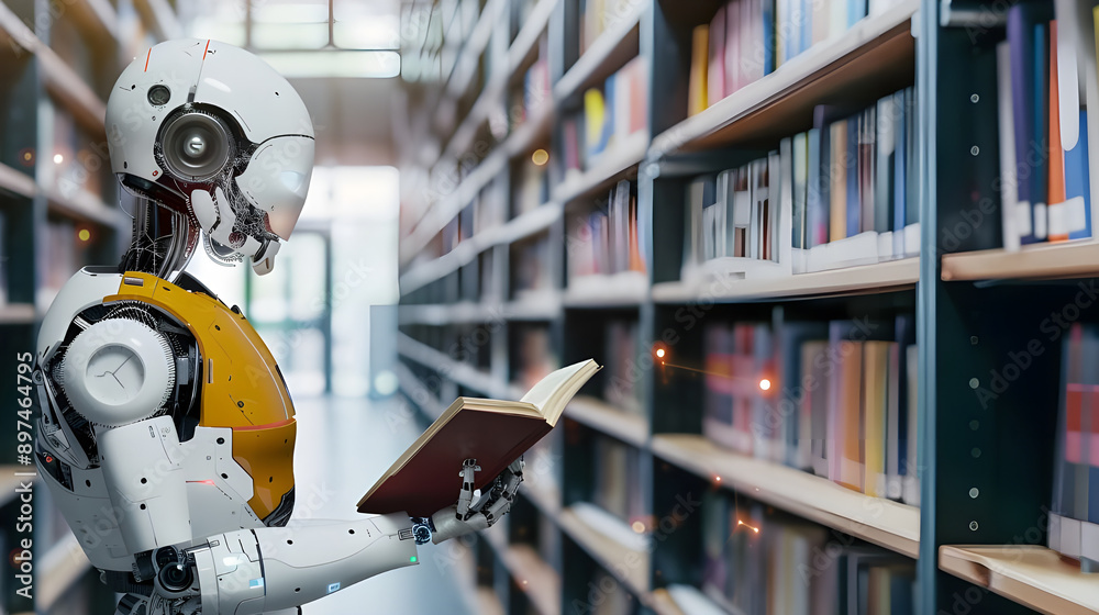 Leinwandbilder a humanoid robot stands in a modern library, engrossed in reading a book amidst rows of colorful boo