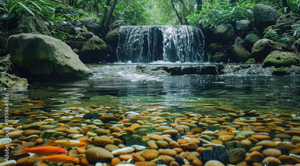 Poster forest, small waterfall, clear stream with visible fish swimming. generative ai.