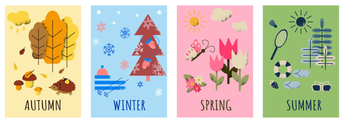 Set of geometrical contrast posters with seasons and text in flat simple style. Vector modern compositions with related elements to each season. Good for posters or calendar