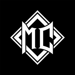MC Letter logo abstract shield shape with square white outline on black background template