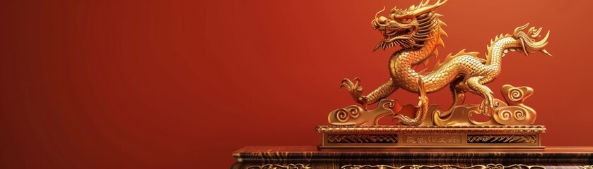 Fototapeta premium A gold dragon statue sits on a table