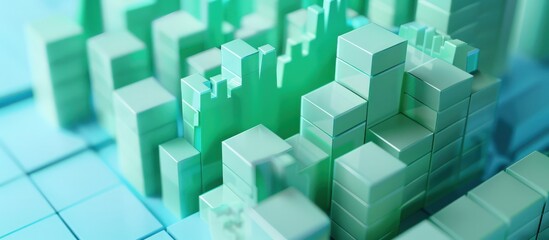 Obraz premium Close-up of 3D mint green blocks depicting a positive stock chart, representing financial success on a blue background.