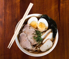 special wantan soup, with pork meat and vegetables. peruvian food, chifa