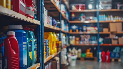 Obraz premium Organized Storage Room with Blurred Background for Text Overlay