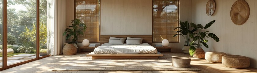 Minimalist bedroom monochrome palette wooden accents large windows simple decor Modern 3D Rendering