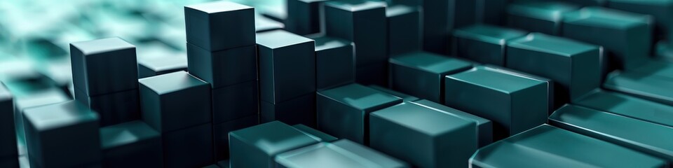 Close-up of 3D navy blocks creating a stock market uptrend, highlighting financial success on a teal background.