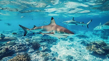 Obraz premium dangerous sharks , most dangerous sharks in the world , shark attacks in tropical waters , marine ecosystem