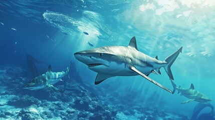 Naklejka premium dangerous sharks , most dangerous sharks in the world , shark attacks in tropical waters , marine ecosystem