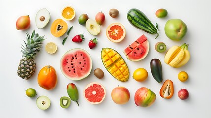 A variety of fruits such as watermelon, pineapple, rose apple, mango, and other fruits on a white background