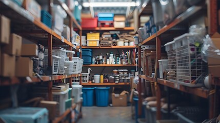 Fototapeta premium Blurred Storage Room with Craft and Hobby Supplies in Bins and Boxes