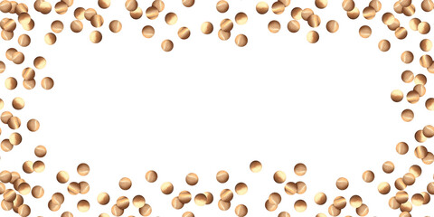 Gold confetti, horizontal frame. Watercolor illustration. Border of scattered round sparkles. Glitter for New Year card design, template for invitation. Festive shiny white background