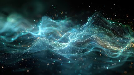 Evolutionary Genesis - 3D Hologram of Organisms with Blue and Green Light Lines on Dark Background