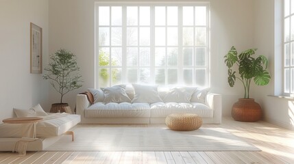 White walls, light colored wooden flooring, and a large white window behind the sofa create a bright and soft interior. The overall style is simple. Generative AI.