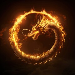 A dragon is depicted in a circle of fire