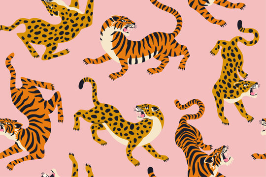 Leopard tiger bengal pattern.aiBengal tigers and leopards. Vector seamless pattern with wild animal on pink background. Fashionable fabric design.