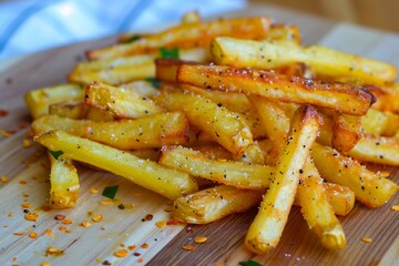 A plate of french fries with seasoning on top.