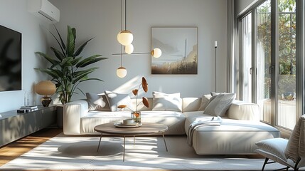 Fototapeta premium Bright modern apartment furnished with interiors. Generative AI.