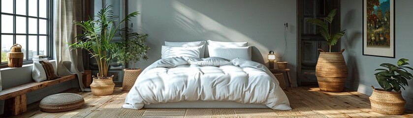 Minimal bedroom white bed linen grey accent wall wooden flooring simple decor Modern Photography