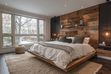 Minimal bedroom white bed linen grey accent wall wooden flooring simple decor Modern Photography