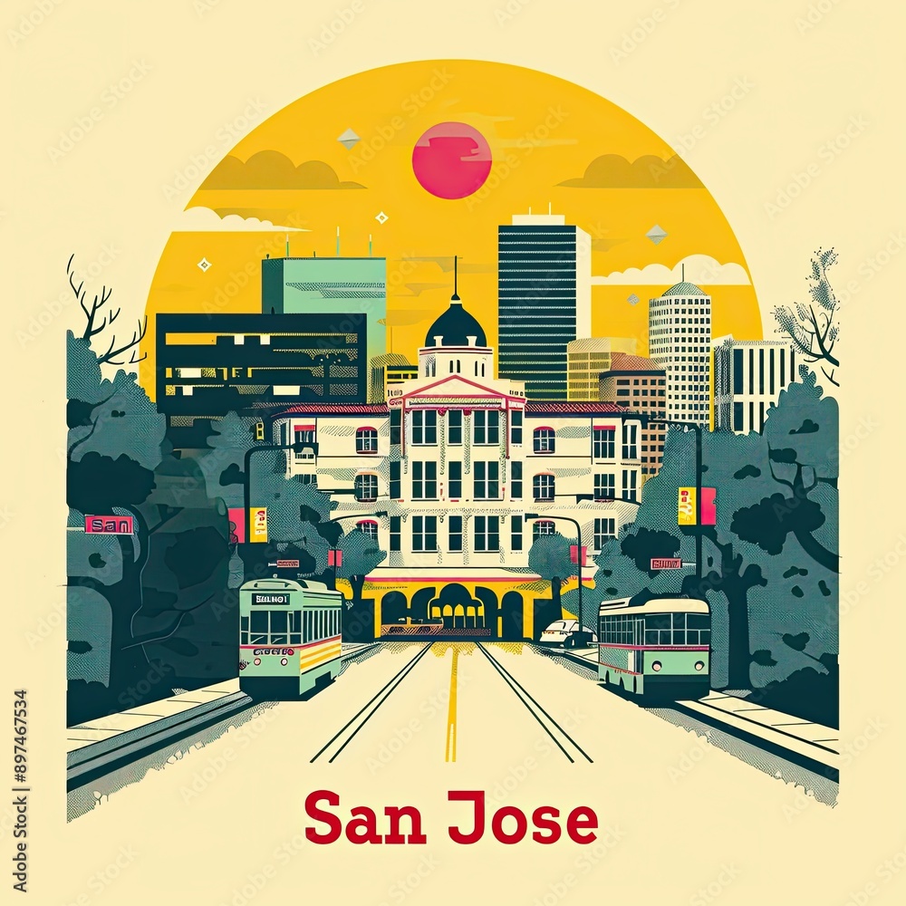 Poster Stylized Cityscape of San Jose with Trams and Skyline