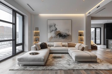 Minimal living room white sofa geometric rug abstract art on the wall floortoceiling windows warm natural light Contemporary Illustration