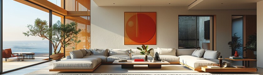 Minimal living room white sofa geometric rug abstract art on the wall floortoceiling windows warm natural light Contemporary Illustration