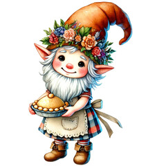 Naklejka premium Festive Gnome Baking Pumpkin Pie Illustration.