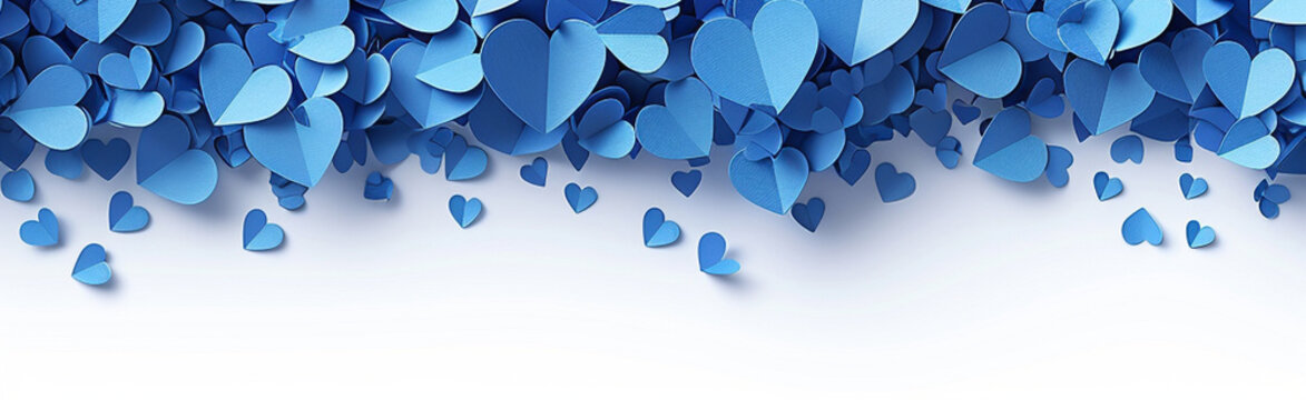 Happy Father's Day, love background with long horizontal border of beautiful falling blue color paper hearts, isolated on background, Happy Fathers Day, Valentines Day, vector illustration