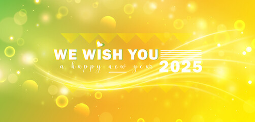 A festive scene with Happy New Year 2025 written in sparkly lights surrounded by blooming flowers