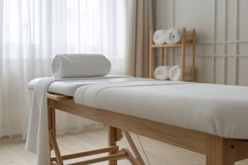 Modern stylish room with massage table in a spa salon. White walls, natural wooden furniture, daylight.