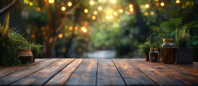 Rustic wooden table with warm fairy lights and green plants in a serene outdoor garden setting, perfect for cozy gatherings or dining.
