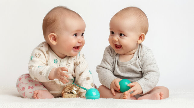 two adorable twin babies sitting on a white floor, facing each other and playing with a green-turquoise toy.