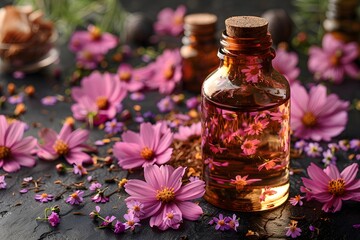 Essential Oil Bottle with Pink Cosmos Flowers for Aromatherapy - Ideal for Spa, Wellness, and Natural Beauty Concepts