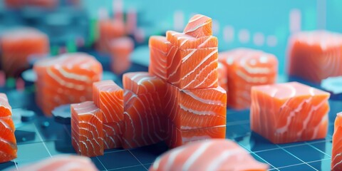 Close-up of 3D salmon blocks depicting a rising stock chart, representing business growth on a blue background.