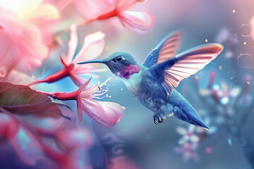 a tiny iridescent hummingbird drinking nectar from a beautiful flower.