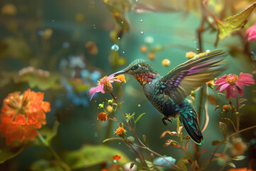 Fototapeta premium a tiny iridescent hummingbird drinking nectar from a beautiful flower.